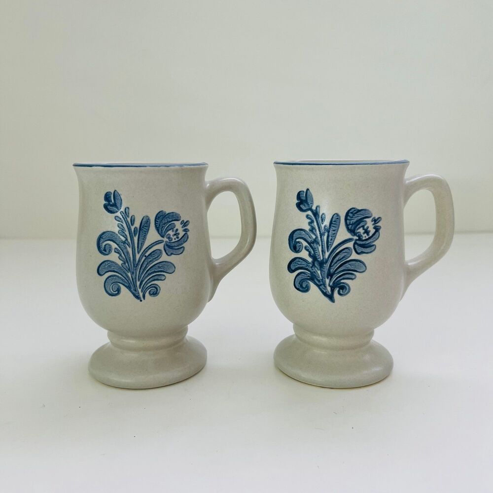 PFALTZGRAFF Yorktowne Taupe Blue Floral Footed Stoneware Mug Cup, Set of 2